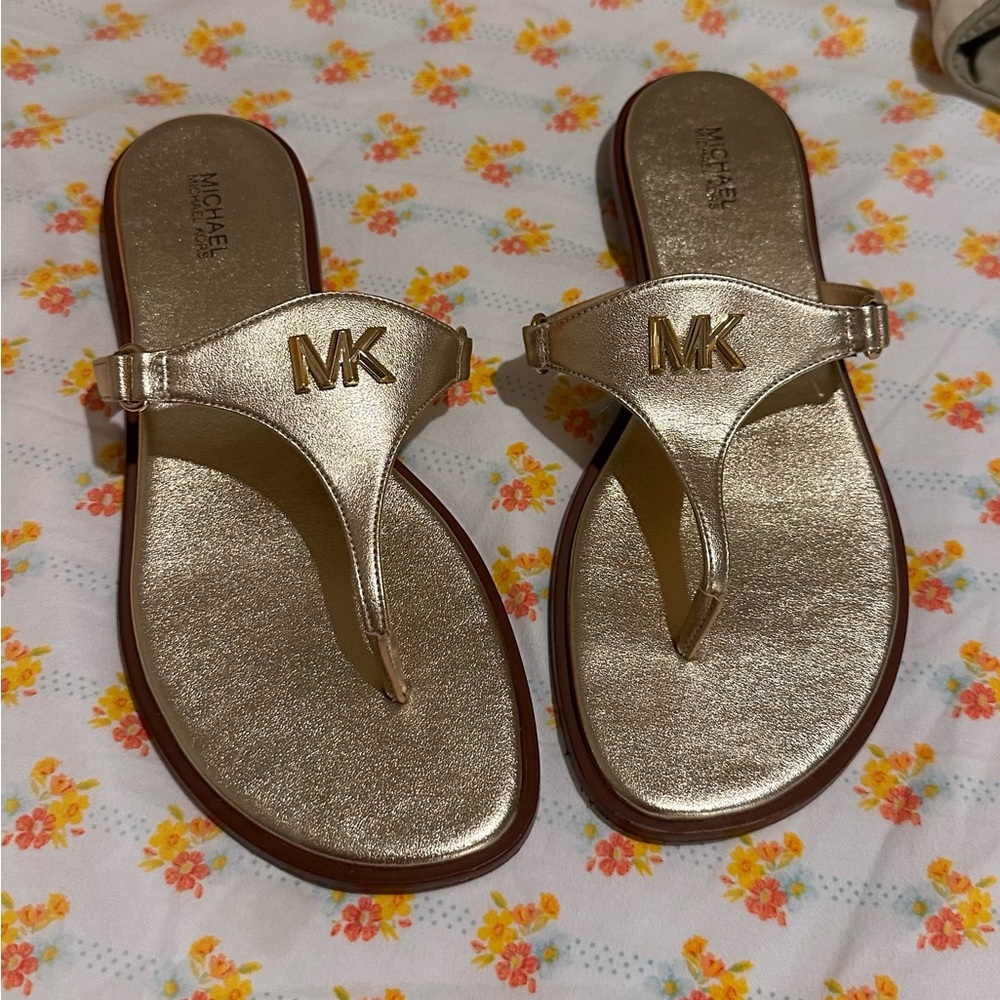 Michael Kors Metallic Gold Logo Thong Sandals